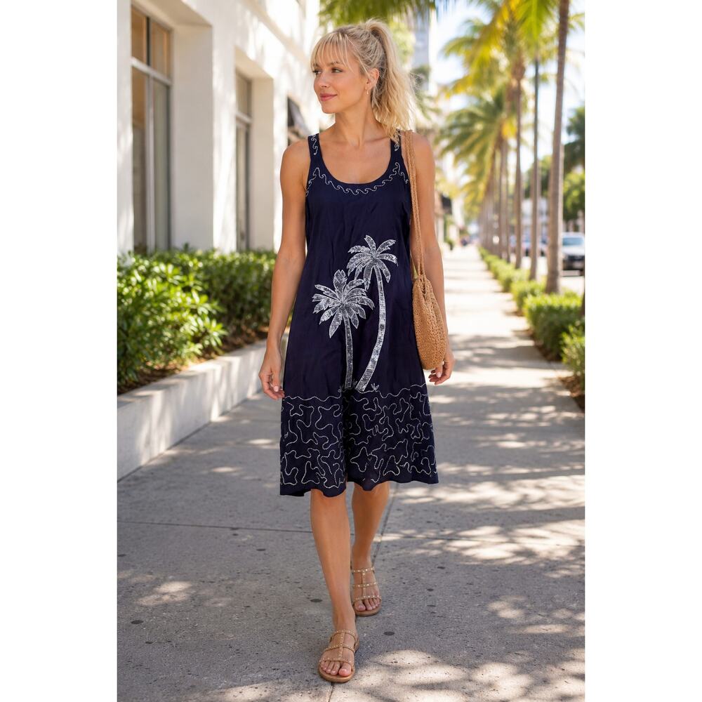 Vintage 90s Raya Sun Palm Tree Dress Black Cotton Blend Beachy Boho M/L